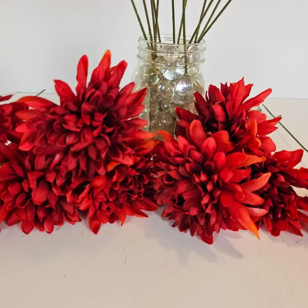Red Artificial Chrysanthemum Mum Flowers 16 Stems Silk Floral Wedding Fall Home